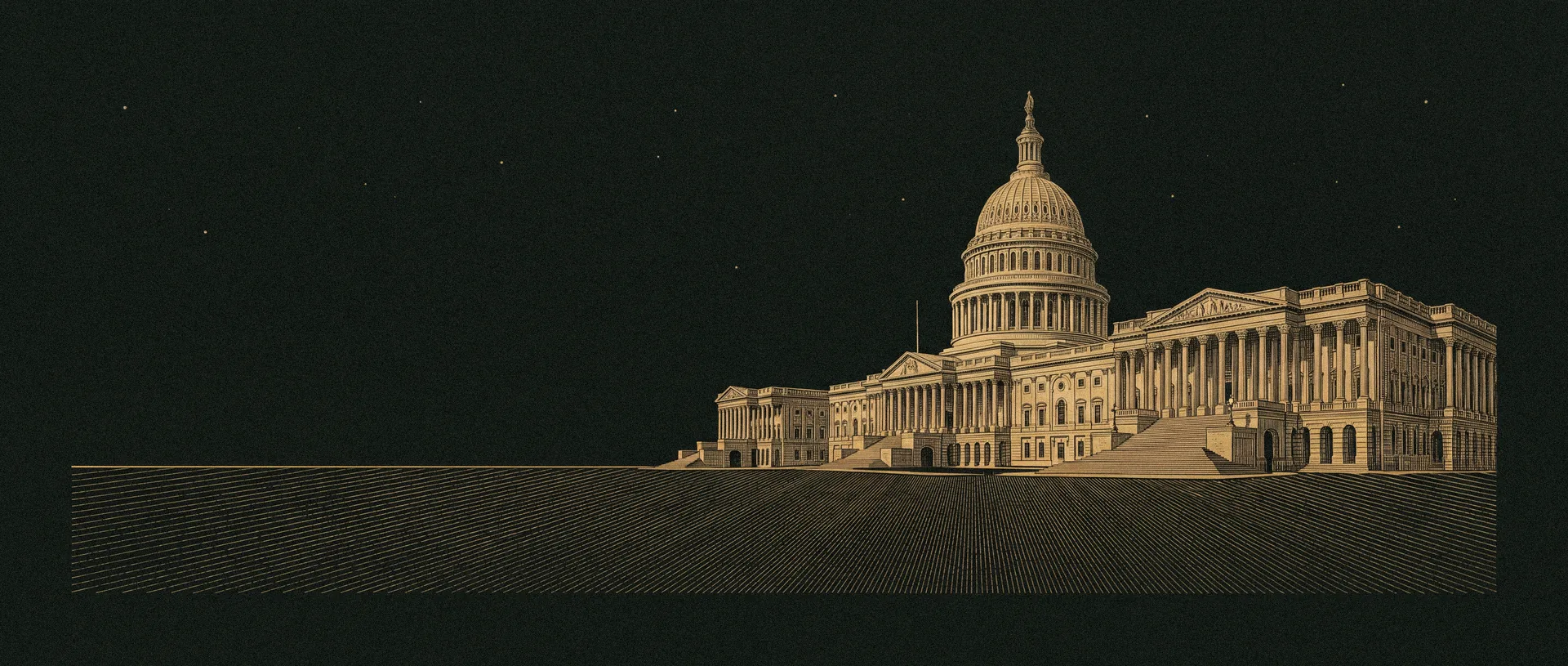Gravure van het Capitool in Washington bij nacht, goud op donkergroen
