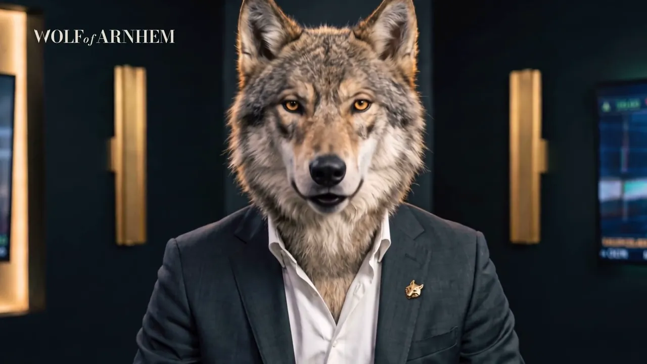 Beeld uit de film: de wolf in pak vertelt in de studio