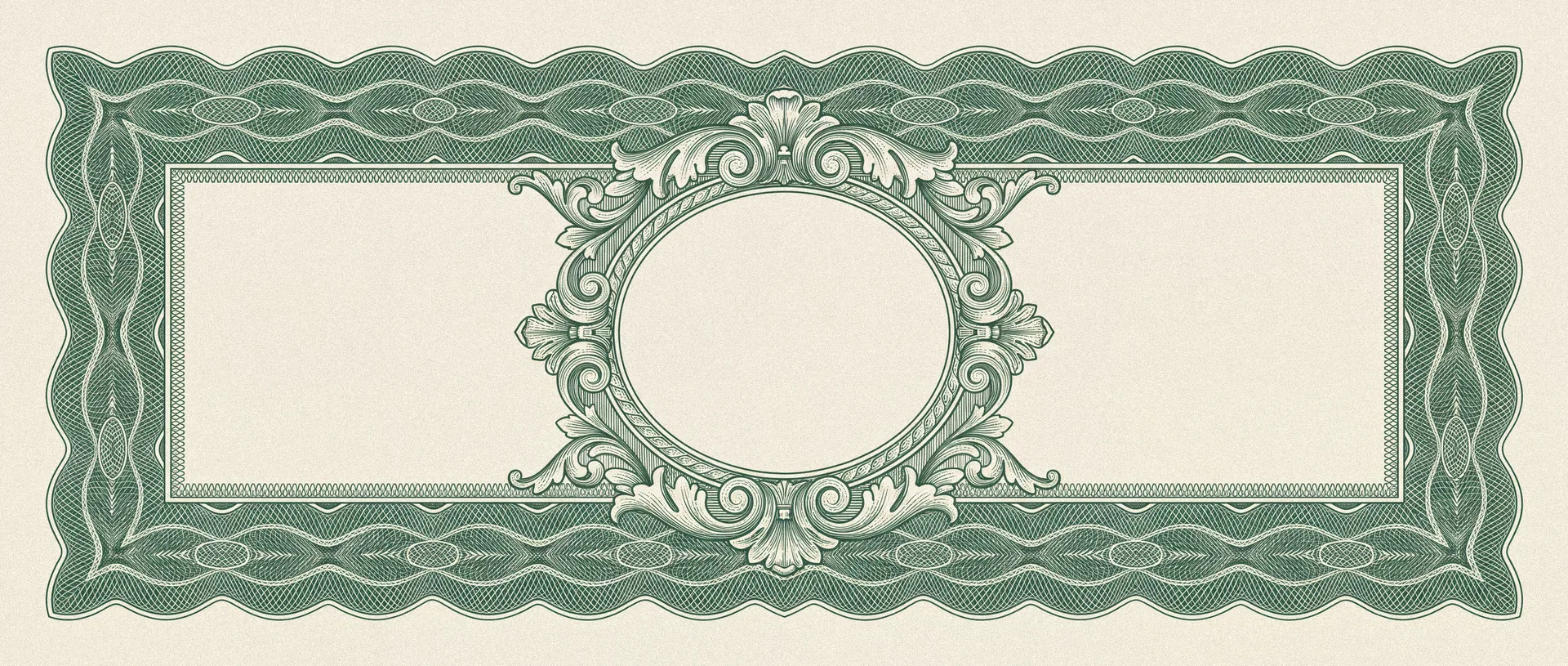 Guilloche-ornament in biljetgroen op waardepapier, zoals op een oud aandeelbewijs