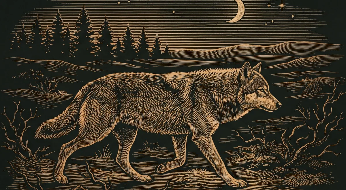 Gravure: een wolf loopt alleen door een nachtlandschap met dennen en maan