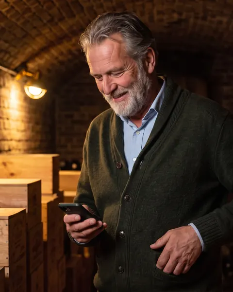 Joost in zijn wijnkelder, met zijn telefoon
