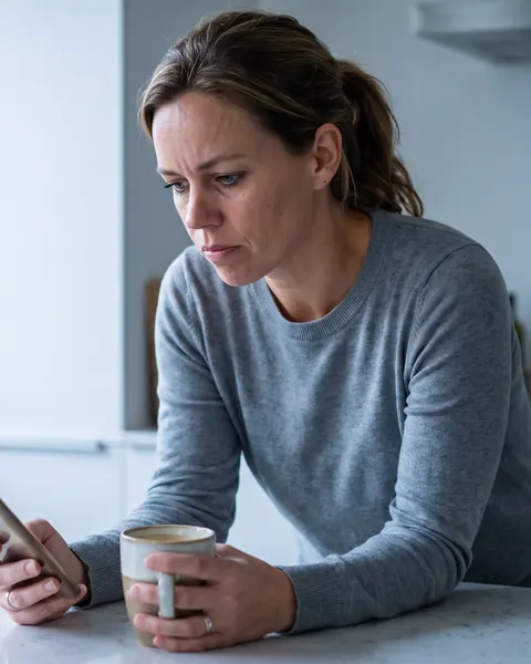 Marloes leest 's ochtends in de keuken haar telefoon, met een mok koffie