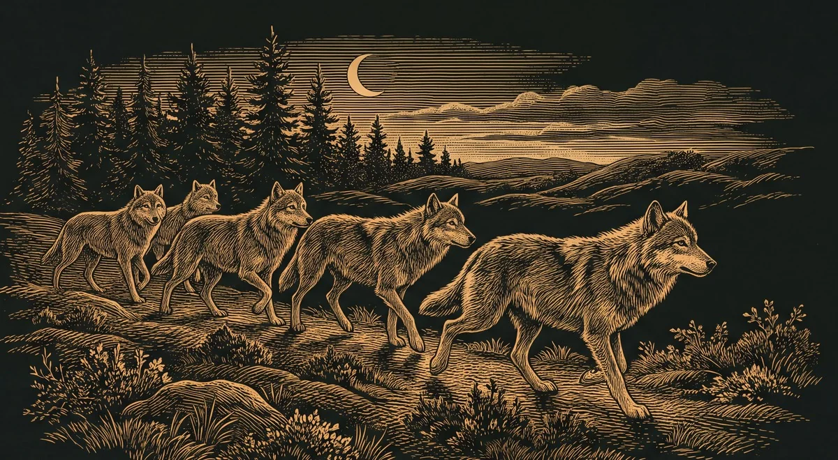 Gravure: een roedel wolven komt uit het bos een open vlakte op