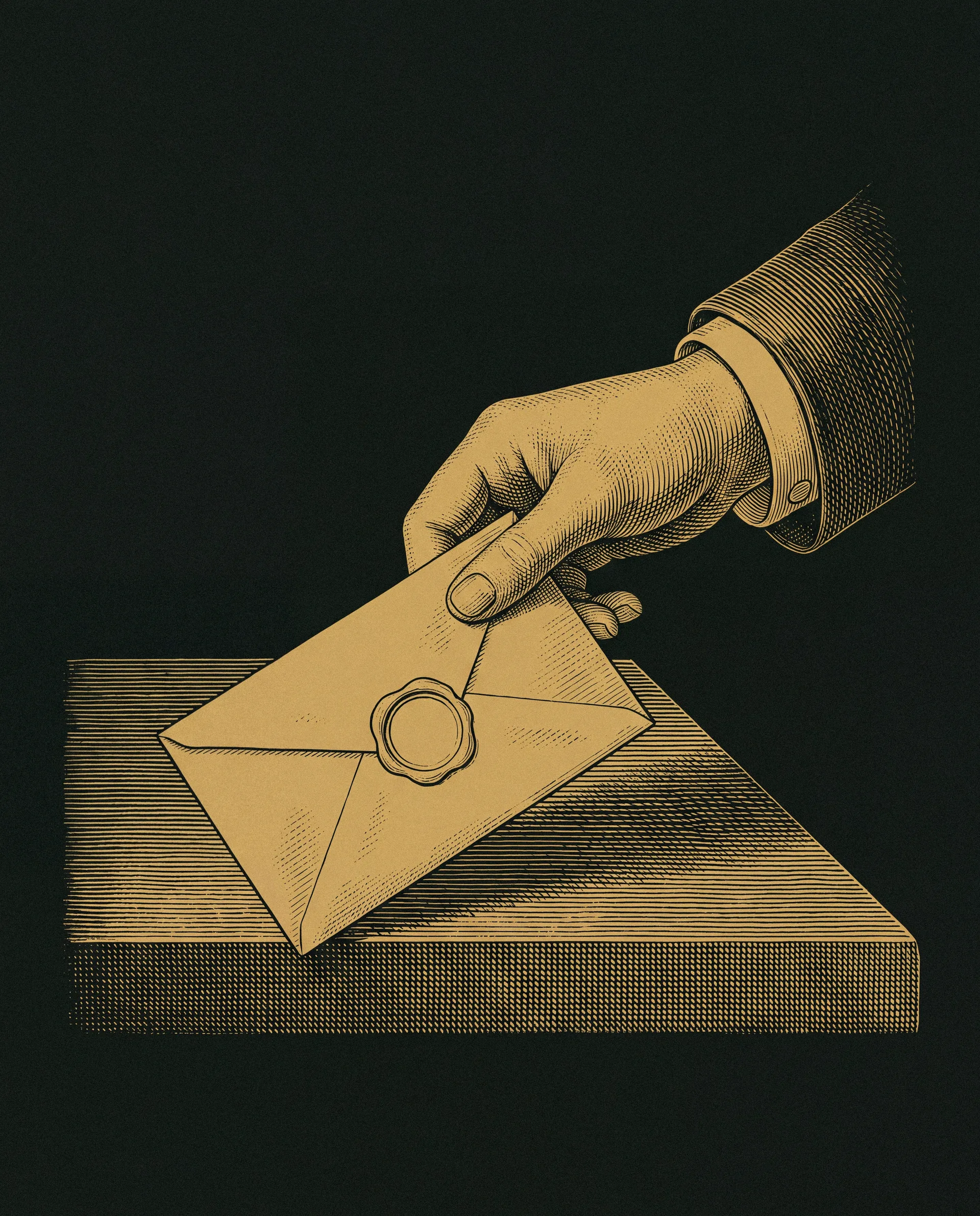 Gravure van een hand die een dichtgevouwen brief met lakzegel neerlegt, goud op donkergroen